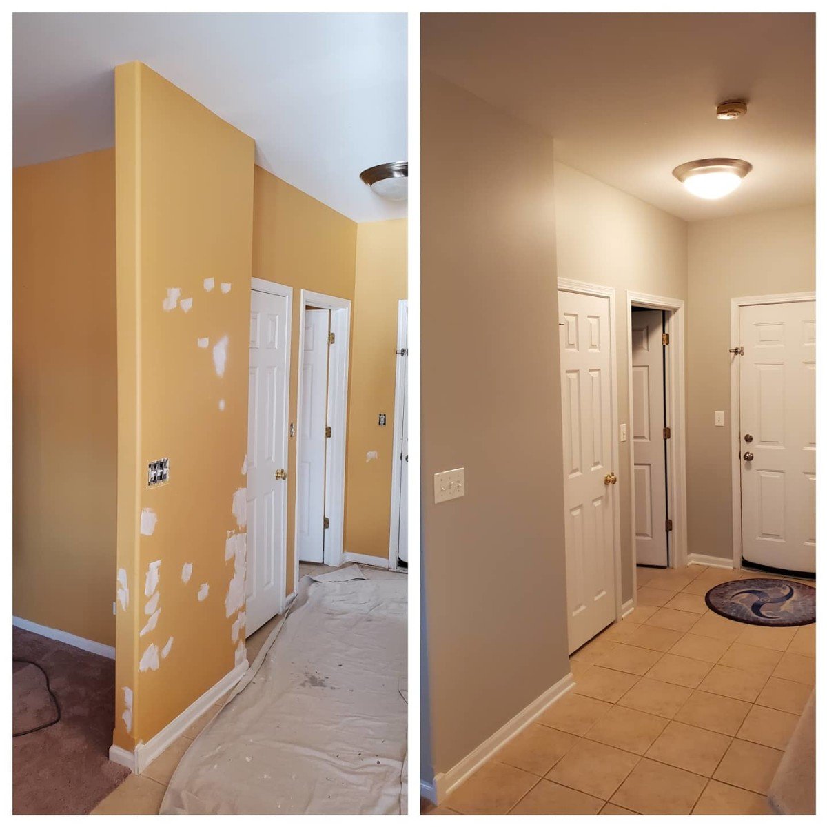 Before and after painting comparison showing dramatic wall transformation