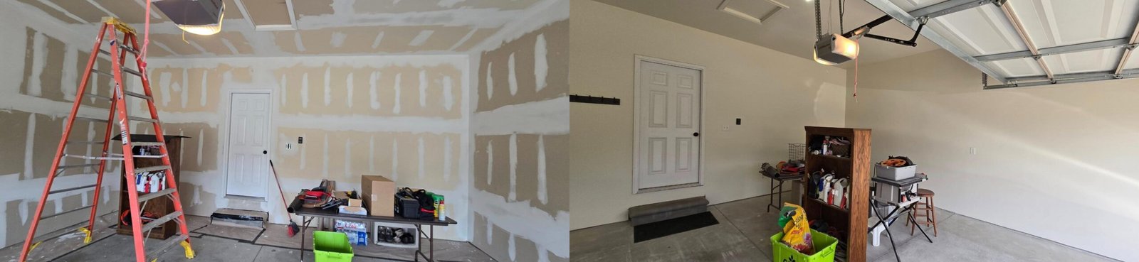 Before and after garage drywall finishing by Five Star Professional Contractors