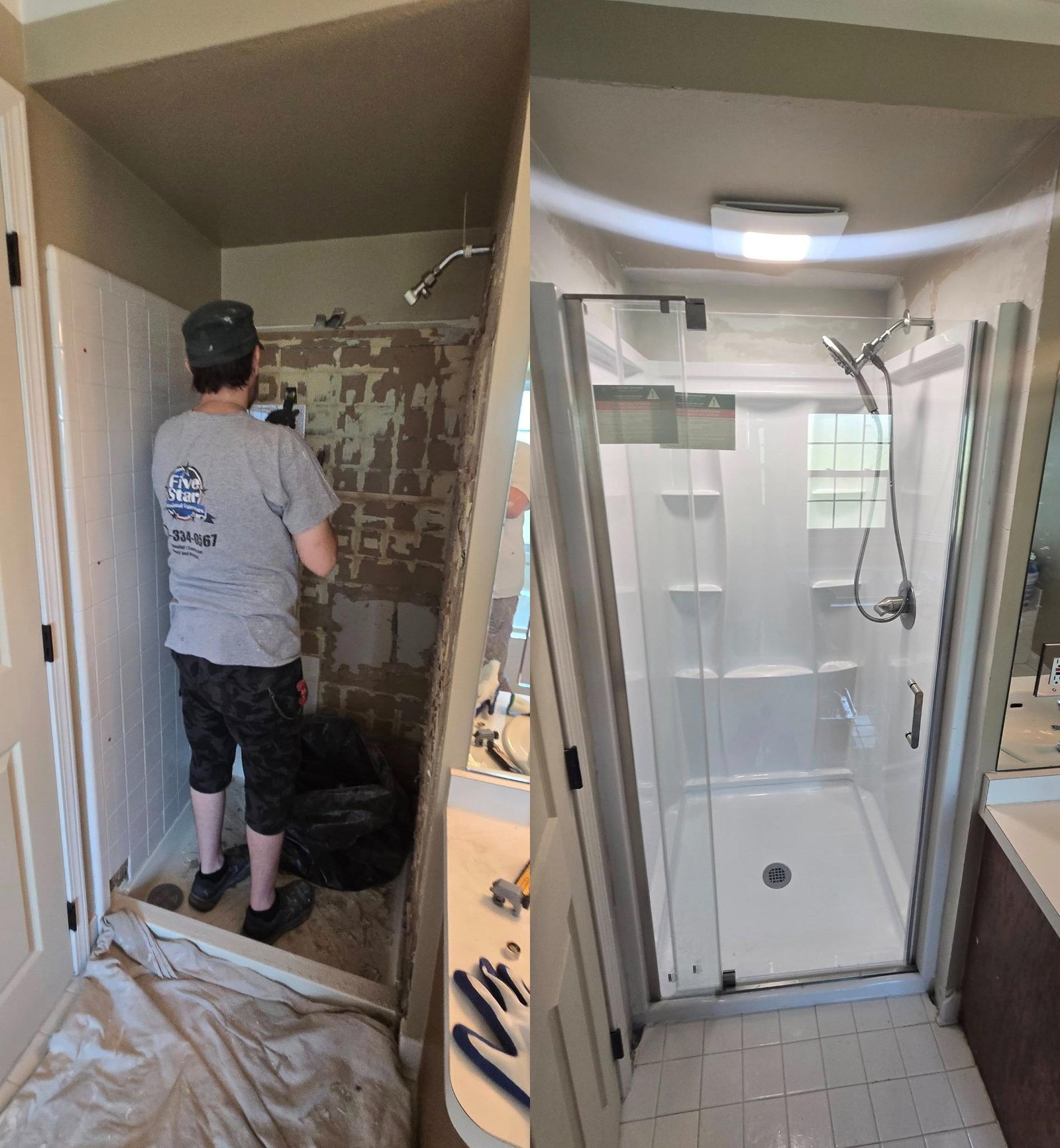 Bathroom remodel before and after with shower surround, waterproofing, drywall repair.