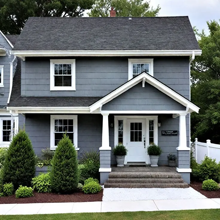 Exterior house painting example in a muted blue gray palette appropriate for Northville MI homes