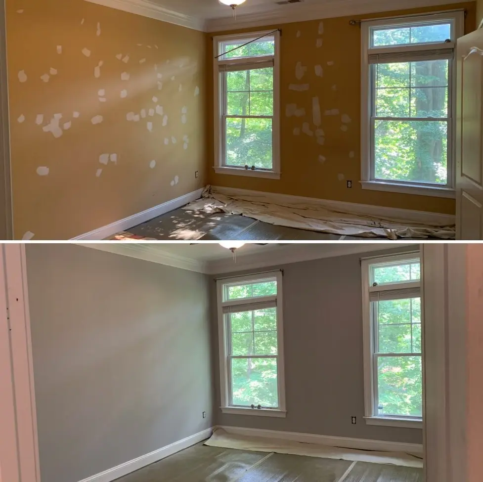 Before and after drywall and plaster wall repair showing corrected surface in a Grosse Ile home