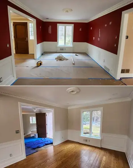 Interior repaint before and after in Wyandotte MI showing wall prep, painting, and floor protection