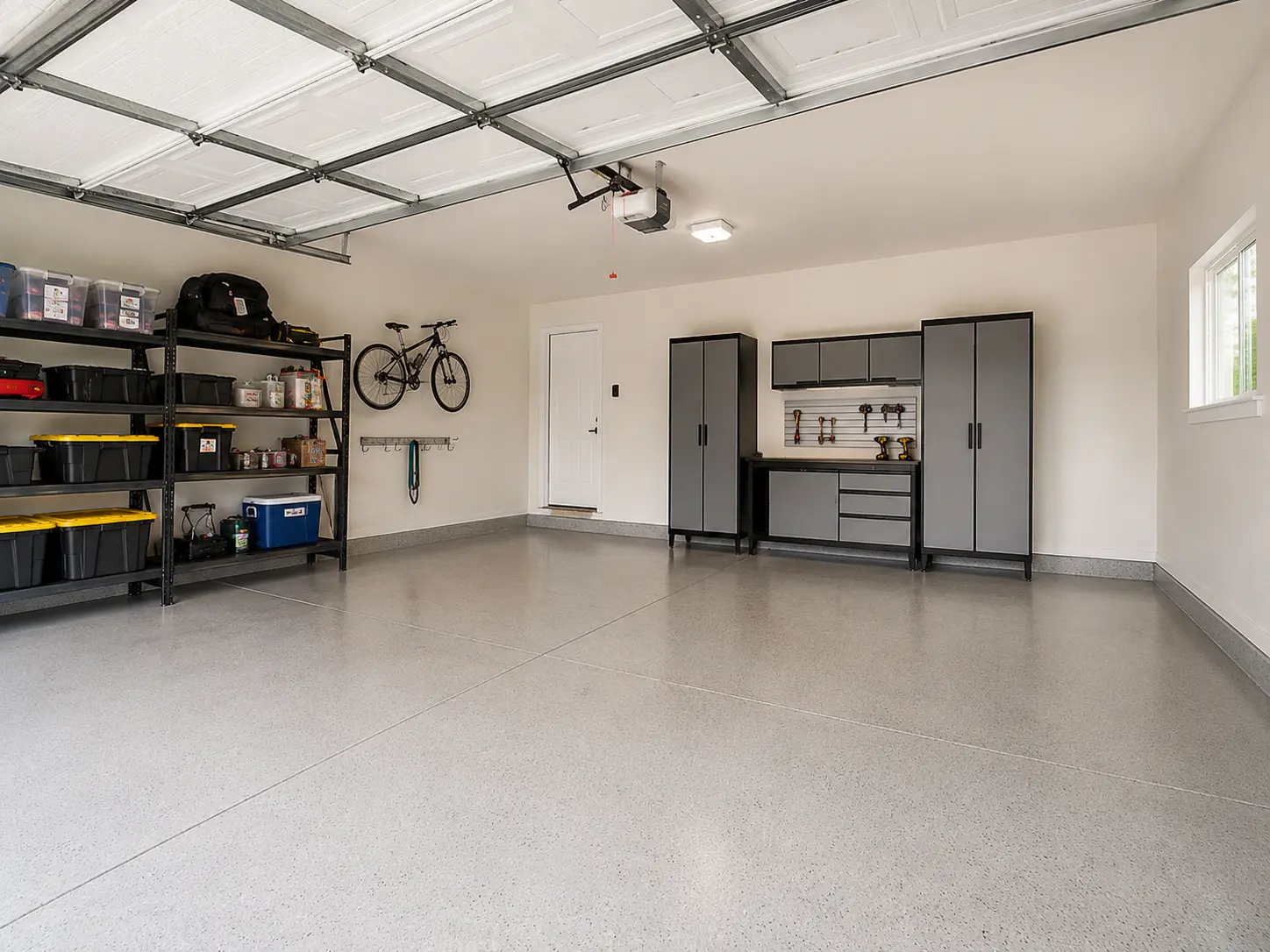 Garage drywall repair and interior painting project completed in Downriver Michigan with smooth walls and organized garage storage