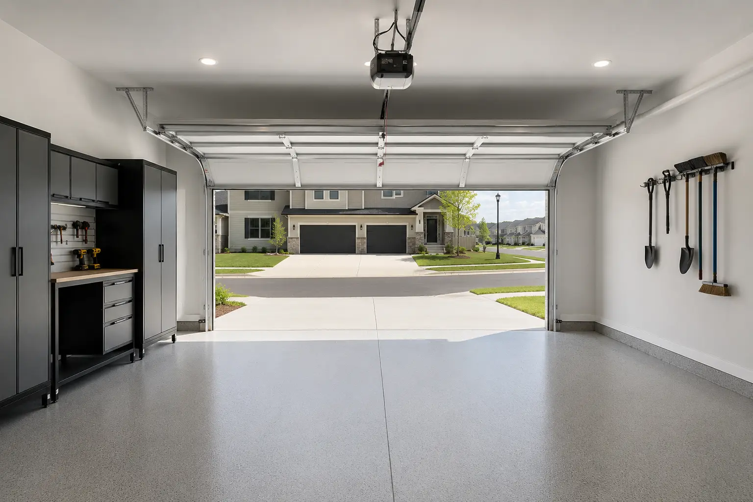 Finished garage wall and ceiling painting project in Downriver Michigan with smooth painted drywall and clean modern garage interior
