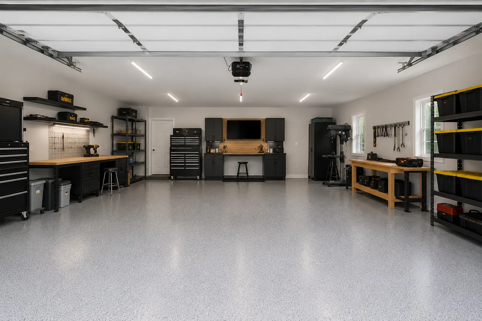 Professional garage painting and drywall repair project completed in Metro Detroit MI with smooth painted walls and clean modern workshop layout
